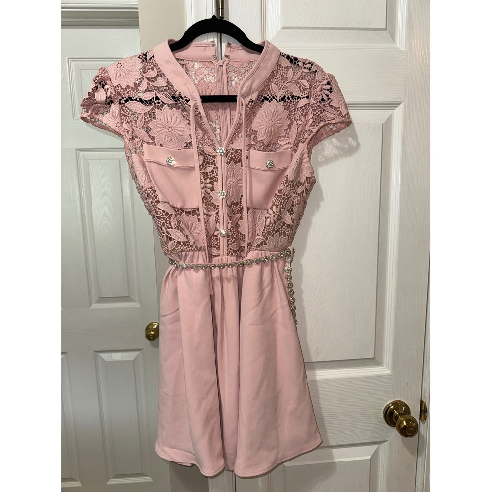 Self-Portrait Pink Lace Crystal Button Mini Dress US 10 UK 14 - Picture 5 of 9